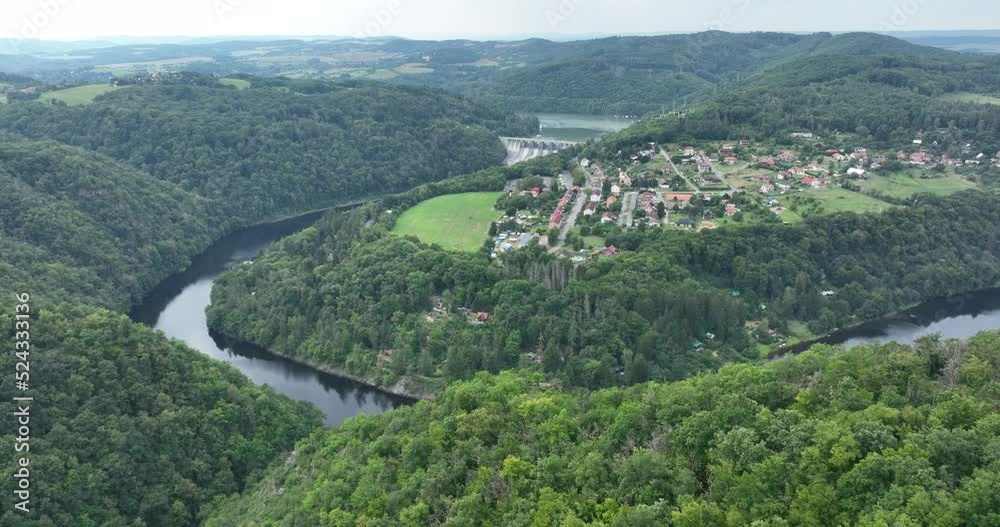 Czechia. Vltava River Aerial View of Czech Republic, Krnany, Europe. Central Bohemia, Czech Republic. View from Above near Vyhlidka Maj Viewpoint and Orlík Dam. Czechia. Vltava River Aerial View of Czech Republic, Krnany, Europe. Central Bohemia, Czech Republic. View from Above near Vyhlidka Maj Viewpoint and Orlík Dam.