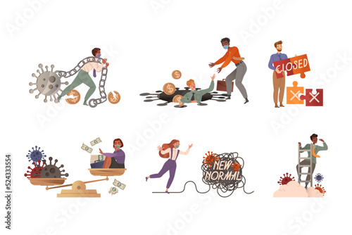 Coronavirus Outbreak Financial Crisis with People Character Fighting Against Pandemic Vector Set