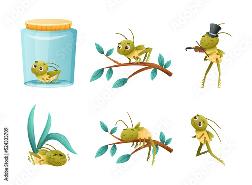 Cute Little Grasshopper Character Engaged in Various Activity Vector Set