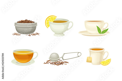 Tea Cup on Saucer and Mug with Hot Aromatic Beverage Brewing Vector Set
