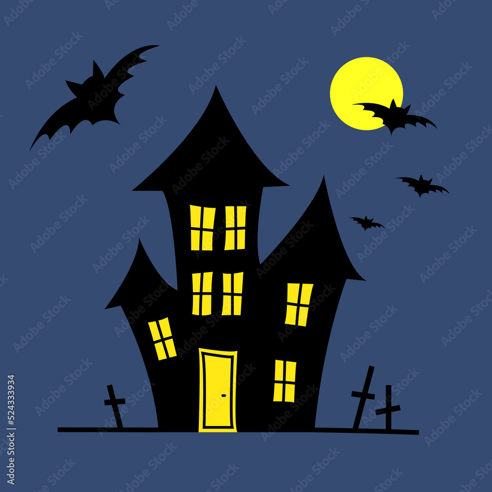Halloween castle and cemetery, moon and bat .