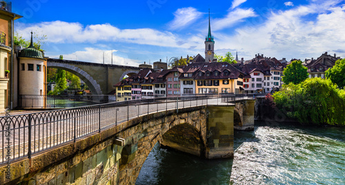Bern capital city of Switzerland. Swiss travel and landmarks .Romantic bridges and canals of old town