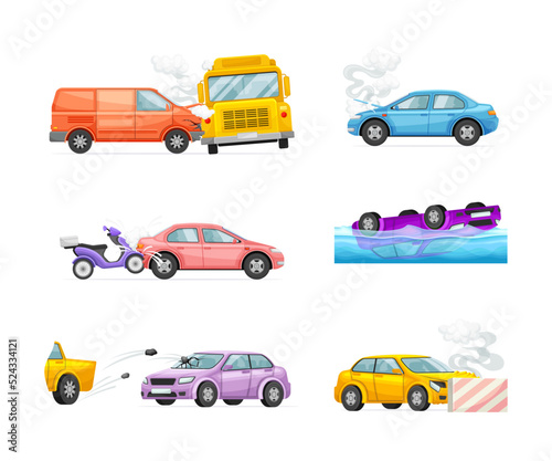 Car Crash and Road Traffic Accidents in Different Situation Vector Set