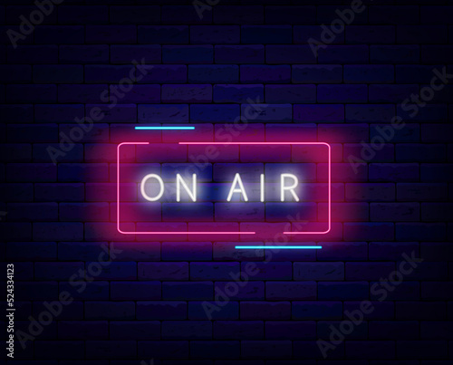 On air neon sign. Audio podcast concept. Record studio emblem. Streaming service. Vector stock illustration