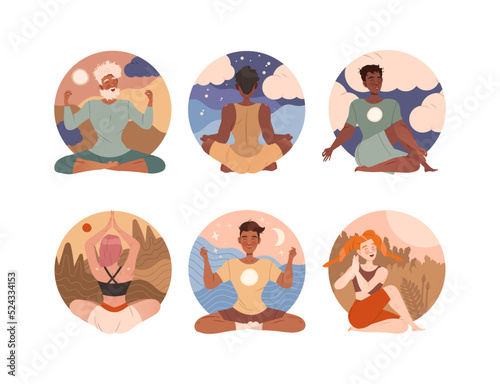 Diverse Tranquil Man and Woman with Crossed Legs Meditating in Yoga Posture or Asana Vector Set