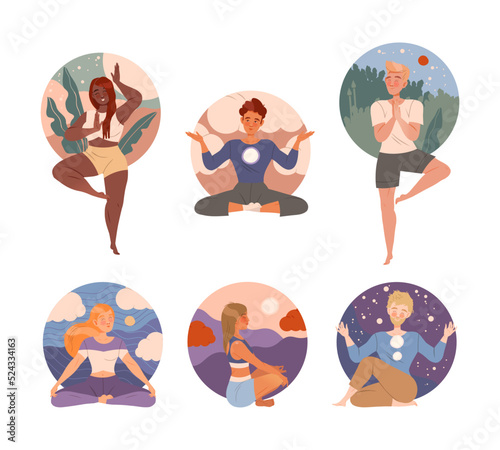 Diverse Tranquil Man and Woman with Crossed Legs Meditating in Yoga Posture or Asana Vector Set