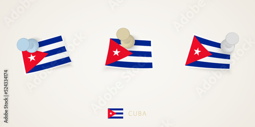 Pinned flag of Cuba in different shapes with twisted corners. Vector pushpins top view.