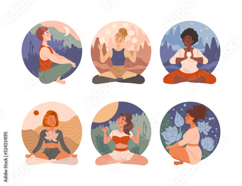 Diverse Tranquil Man and Woman with Crossed Legs Meditating in Yoga Posture or Asana Vector Set