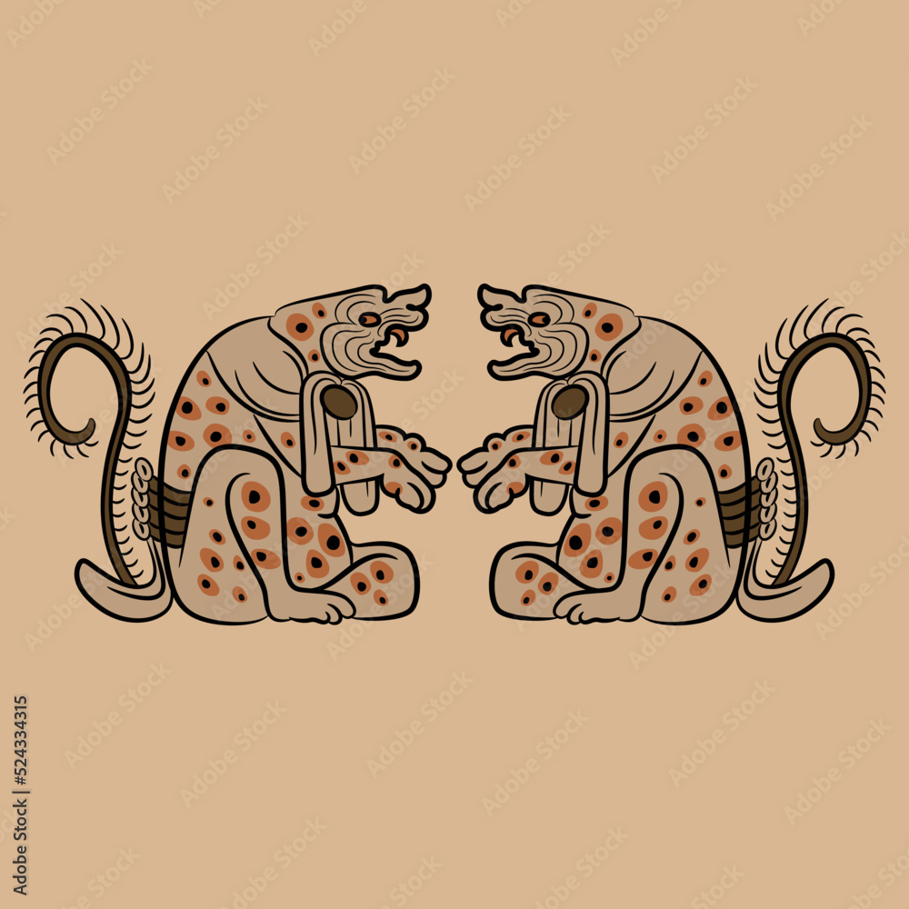 Symmetrical design with two fantastic animals. Native American art of