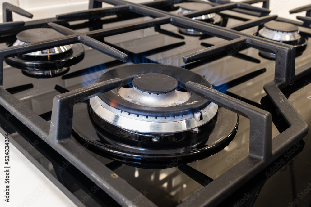 Gas burning in the gas burner of the black stove.
