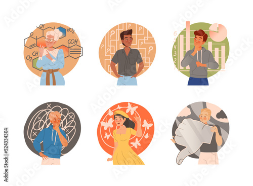 People with Different Types of Thinking with Positive, Negative and Analytical Mental Mindset Vector Set