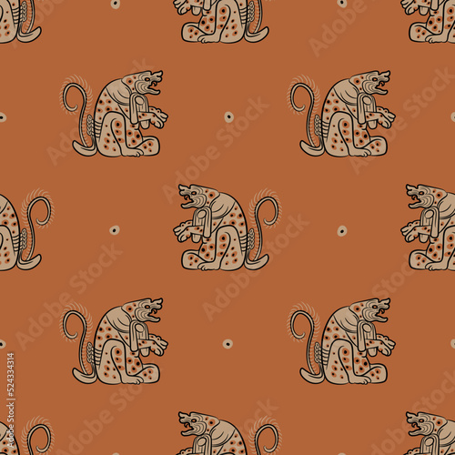 Seamless ethnic animal pattern with fantastic dogs. Native American art of Maya Indians. On orange background.