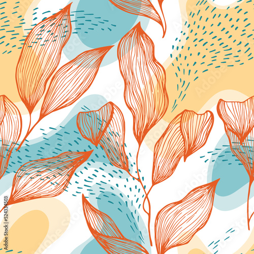 Sketch style doodle line texture leaves over stains and dots seamless vector pattern organic design.