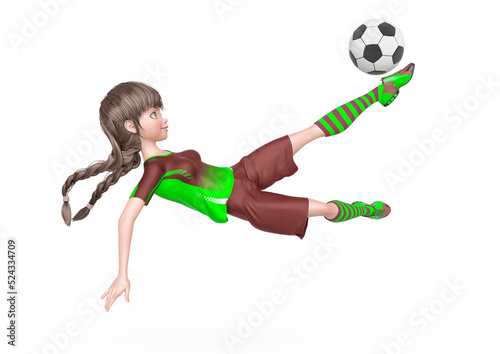 soccer girl is doing acrobatics to kick the ball in white background