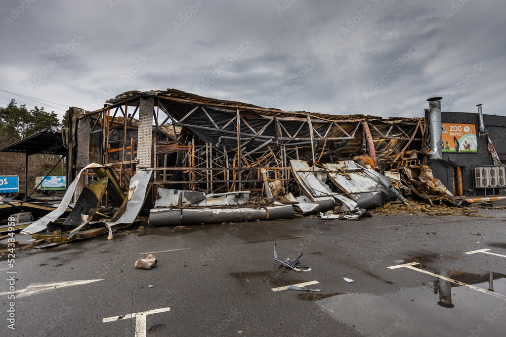 Hostomel, Kyev region Ukraine - 09.04.2022: Outside the store, which was bombed, was looted by Russian soldiers, occupiers. The looters destroyed the shop.