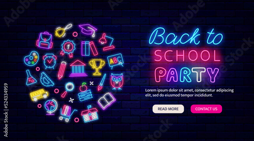 Back to school party neon promotion. Event greeting card. Circle layout template with icons. Vector stock illustration