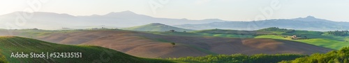 Unique green landscape in Volterra Valley, Tuscany, Italy. Scenic dramatic sky and sunset light over cultivated hill range and cereal crop fields. Toscana, Italia.