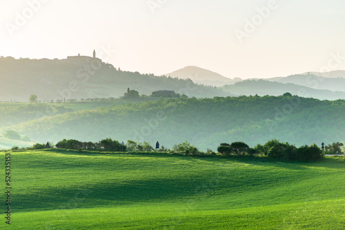 Unique green landscape in Volterra Valley, Tuscany, Italy. Scenic dramatic sky and sunset light over cultivated hill range and cereal crop fields. Toscana, Italia.