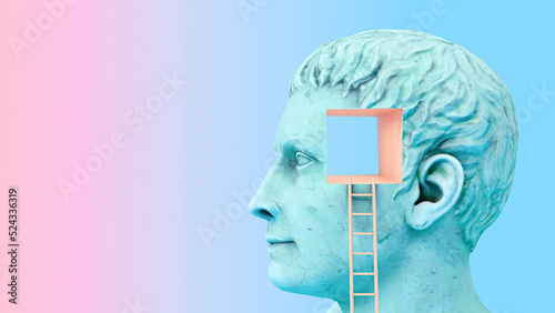 Creative 3D Illustration concept of a statue of a human head. The ladder to knowledge what is in your head..