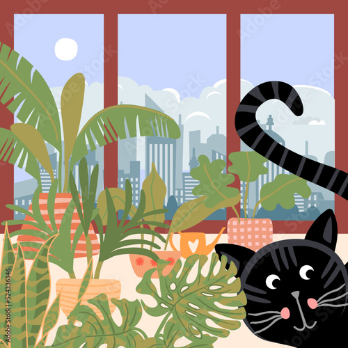 Cozy room vector background with funny cat.Indoor plants in flowerpots by the window overlooking the metropolis.Horizon with clouds and sun.Flat cartoon illustration for design card,poster.