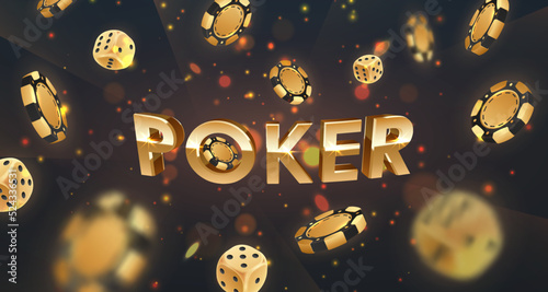 Banner Poker with Falling golden poker chips, tokens, dices on black background with gold lights, rays, sparkles and bokeh. Vector illustration for game design, advertising.