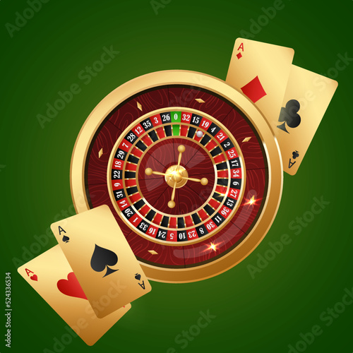 Golden casino roulette wheel with wood desk and cells, and golden playing cards on green. Concept for casino design. Vector illustration for card, flyer, poster, article, banner, web, advertising.