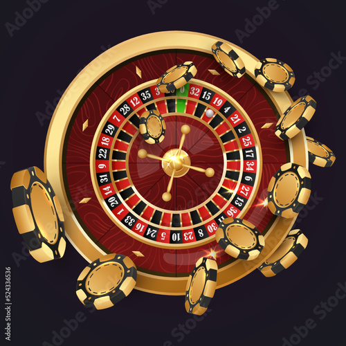 Twist black poker chips, tokens on  golden casino roulette wheel on black background. Vector illustration for casino, game design, advertising.