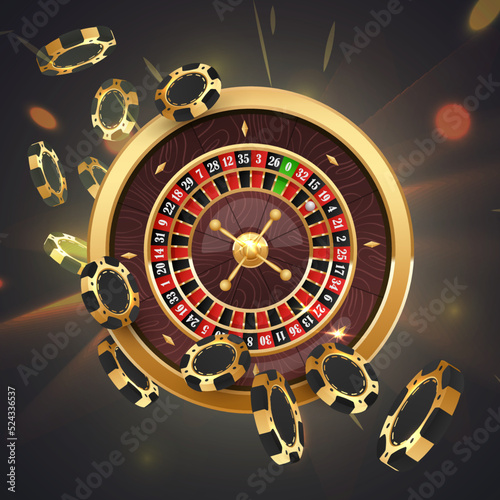 Falling gold poker chips, tokens with golden casino roulette wheel on black background with golden light, rays, glare, sparkles. Vector illustration for casino, game design, advertising.