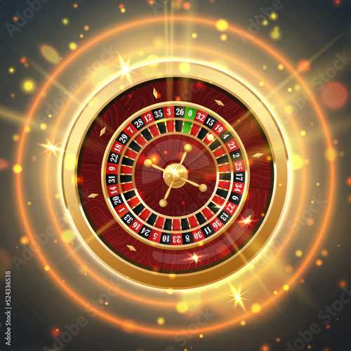 Golden casino roulette wheel with wood desk and cells on black background with golden circles light, rays, glare, sparkles. Vector illustration for casino, game design, advertising.