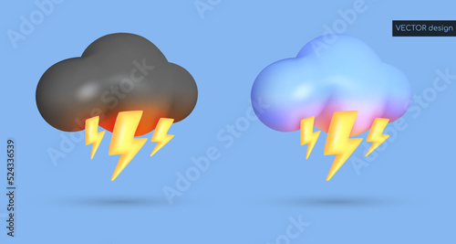 Set of vector 3d weather icons. Black and blue cloud with shadow and highlight, three yellow glowing lightning bolt, thunder. Vector illustration for postcard, banner, web, design, arts.