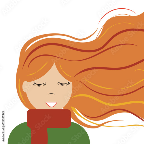 The wind develops fiery red hair of a young girl autumn illustration on a white background