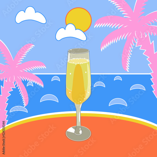 Vector illustration with Mimosa cocktail on the beach in flat technique 