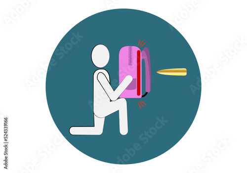 Vuelta al cole. Icono de mochila antibalas en color. Persona protegiéndose de una bala gracias a la mochila antibalas