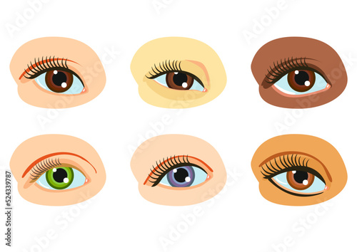 The human eye. Eyes, different in color, shape and race, vector set.
