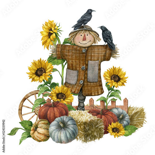 Fotografie, Obraz Watercolor farmhouse scarecrow illustration, Autumn harvest scene with cute scarecrow, pumpkin, sunflowers, fence, hay, raven, pumpkin patch