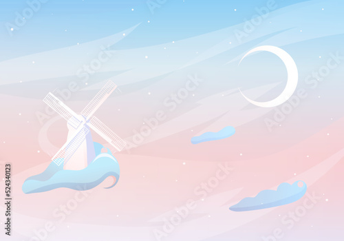Windmill in the clouds, new moon, stars, evening or morning sky, pink pastel colors, fantasy landscape