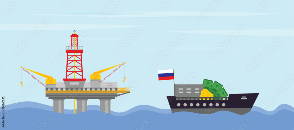 Russian ship with money sails away from the offshore gas drilling rig, oil platform in the ocean oil, Import and export of gas, oil and fuel, barrels, pipeline transit, embargoes and sanctions