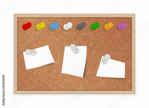 Cork Board with different pushpins and pinned notes, vector Bulletin Board in wooden frame.