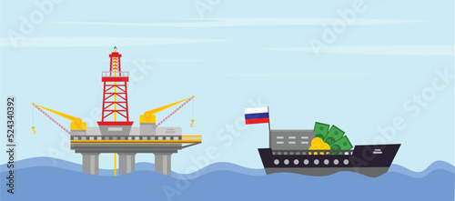 Russian ship with money sails away from the offshore gas drilling rig, oil platform in the ocean oil, Import and export of gas, oil and fuel, barrels, pipeline transit, embargoes and sanctions