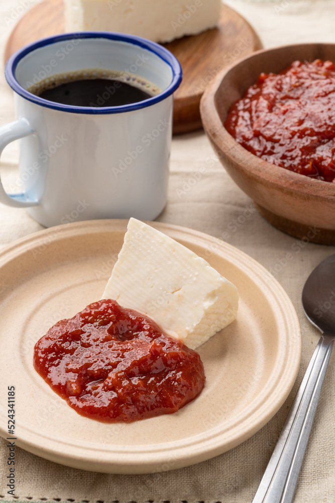 Goiabada, guava sweet with farm cheese. Typical homemade brazilian dessert Goiabada, guava sweet with farm cheese. Typical homemade brazilian dessert
