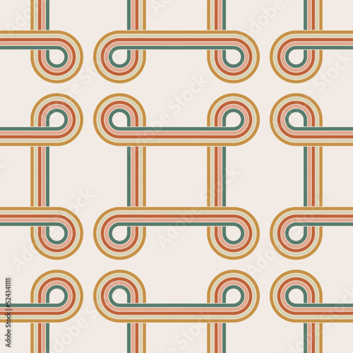 70 s seamless pattern. Retro colorful line geometric seamless background in seventies style. Groovy scrapbook paper. Yellow, orange, brown, green colors vector pattern