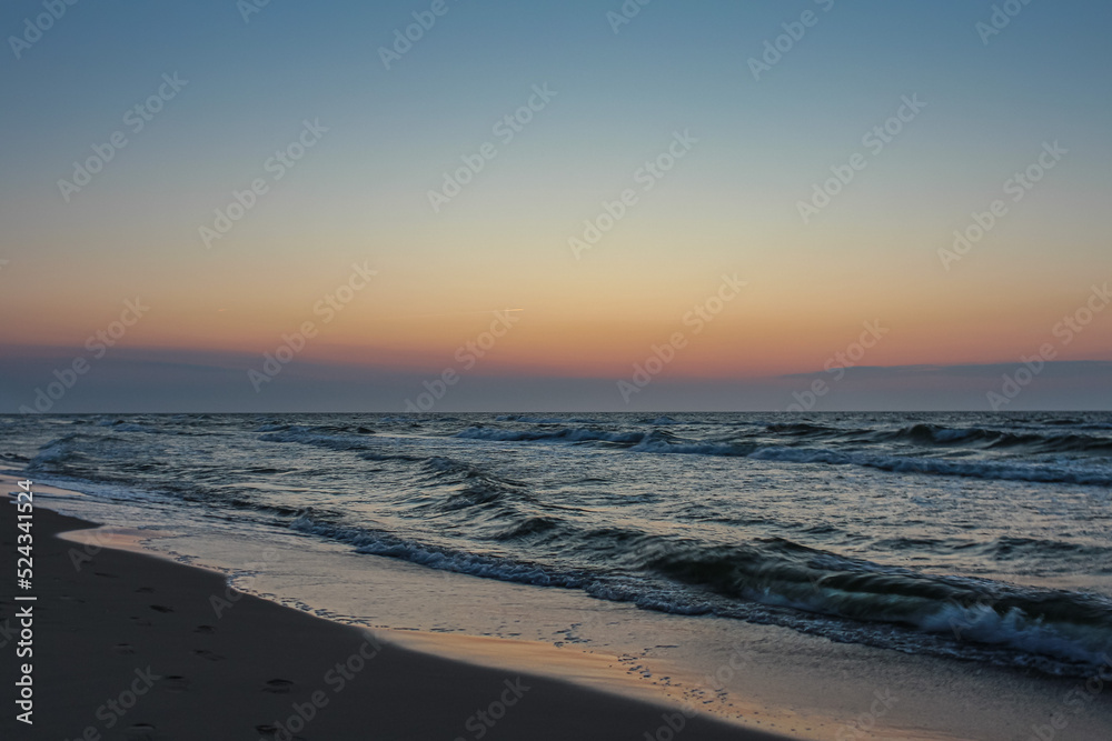 Beautiful sunset on the Polish beach in Międzywodzie.10 August 2020
