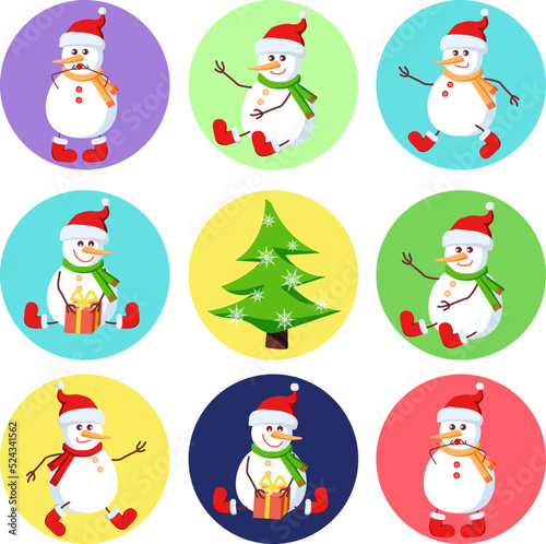 Set of colorful stickers with cute cartoon snowmen.