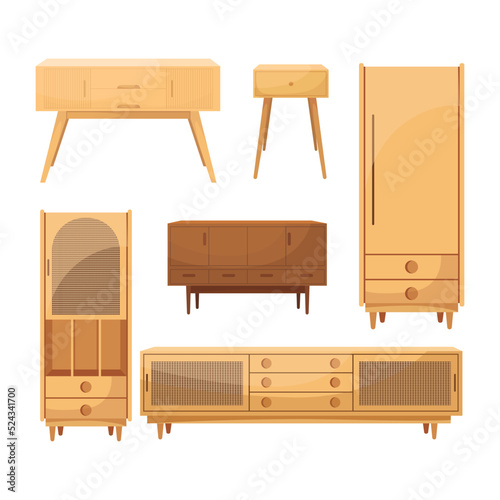 Set of commode illustrations on theme of storage furniture. Chests of drawers vector illustration