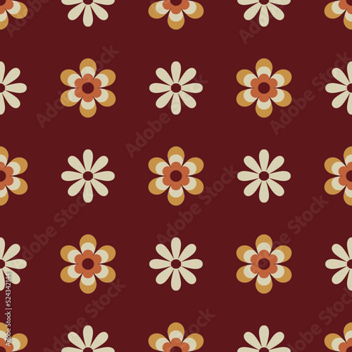 70 s seamless pattern. Retro flower geometric seamless background in seventies style. Groovy scrapbook paper. Yellow, beige, brown colors vector pattern photo