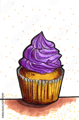 Sweet cupcake with purple cream. Drawing by hand, markers. Cake on a white background.