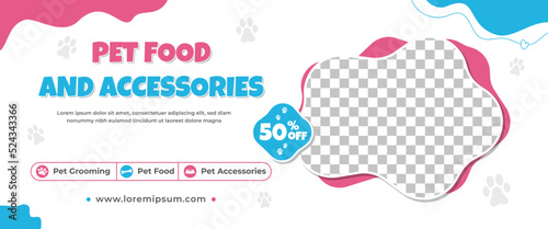 Pet care and shop horizontal banner design template. White background with colorful shape