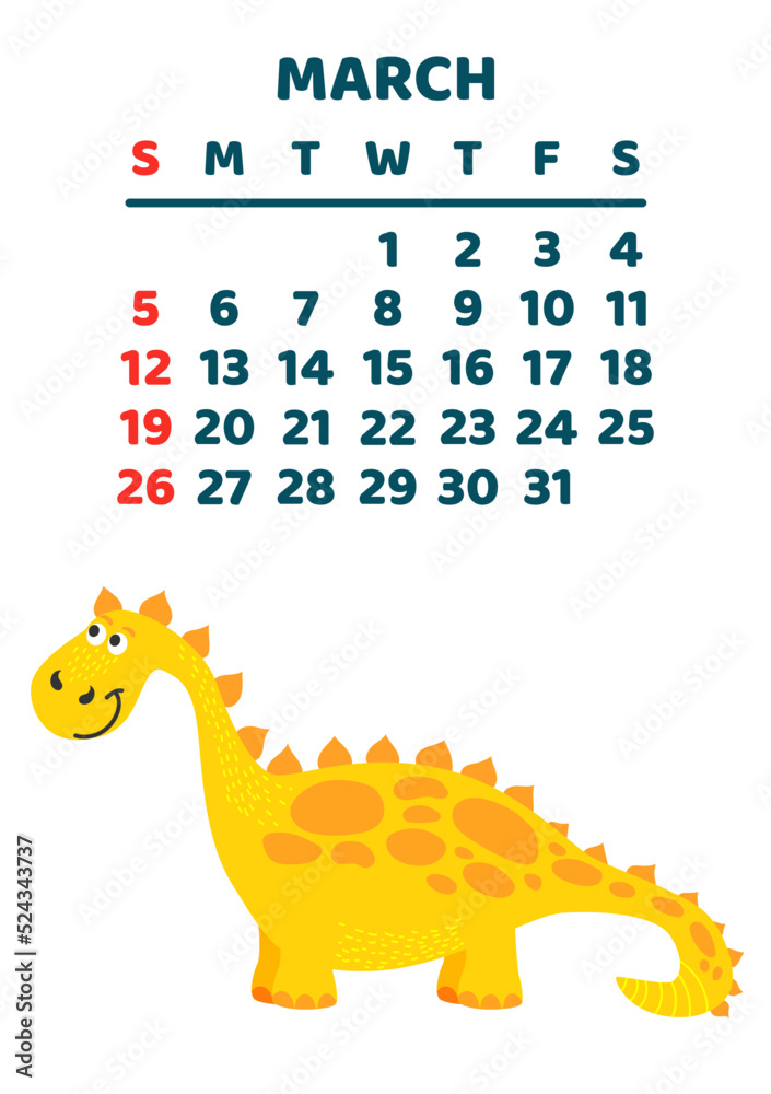 Obraz premium Cute dinosaur calendar template for children series. March