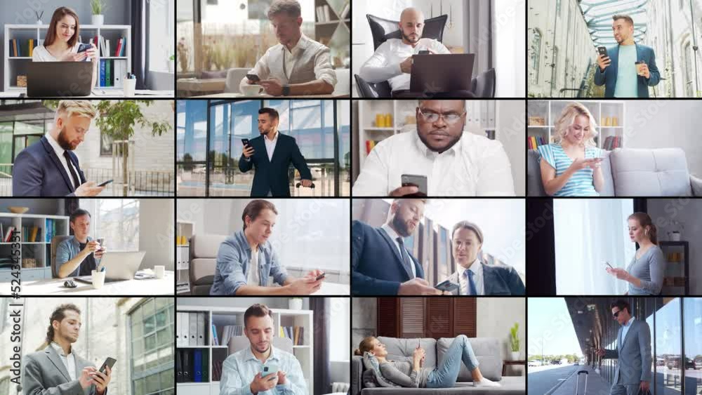 Collage with many different people using smartphone devices. Set collection of many video clips with men and women with mobile phones. Communication, internet and connectivity concept.