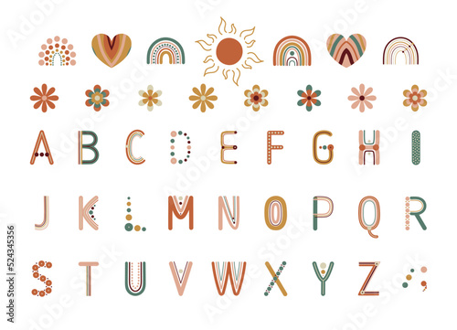 Rainbow alphabet letter set in retro colors in 70 s groovy style with flowers, hearts and sun. Vintage rainbows for wall decor, cards, posters. Vector illustration in seventies style.